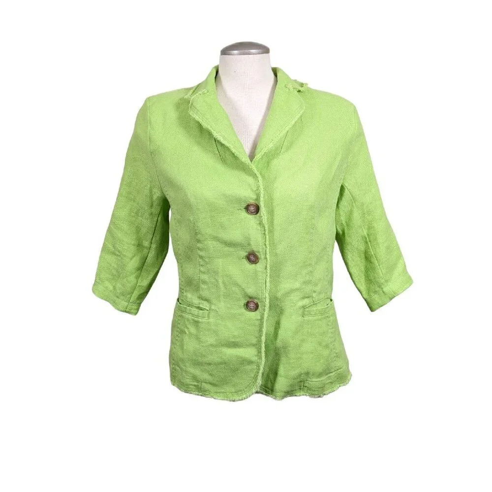 Vintage Coldwater Creek Jacket Blazer Womens Size 12 Linen Lime Green Pockets - Picture 1 of 5